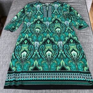 Sandra Darren Green with Black Print Dress SZ 14